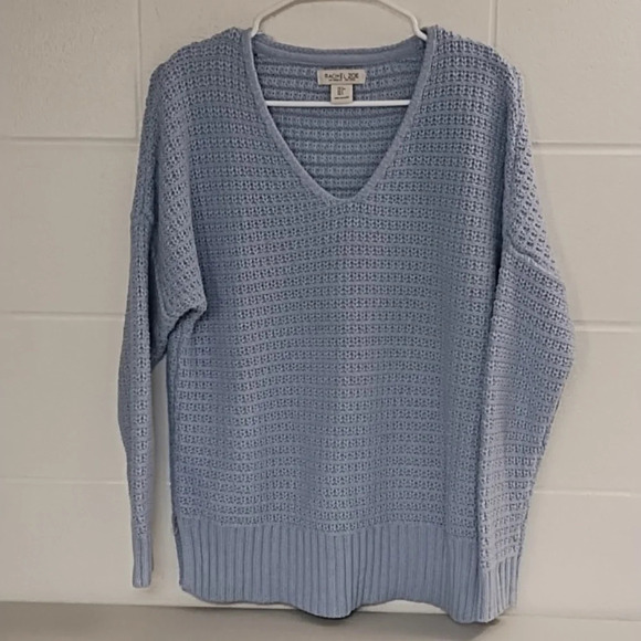 Cotton Blend Blue Sweater Oversized Small Side Slits V-Neck Rib Cuffs & Bottom - Picture 8 of 8